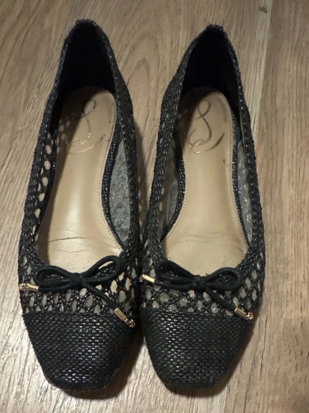 Sam Edelman Black Woven Ballet Flats with Bow and Gold Accents
